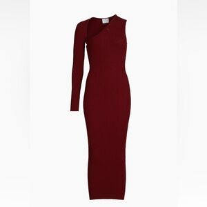 Courreges Slash One Shoulder Rib-Knit Burgundy Midi Dress